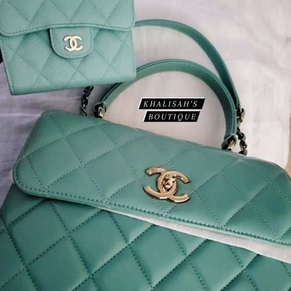 BNIB Very Rare Authentic Chanel Trendy CC 21S Tiffany Blue Gold Hardware Lambski - Picture 11 of 16